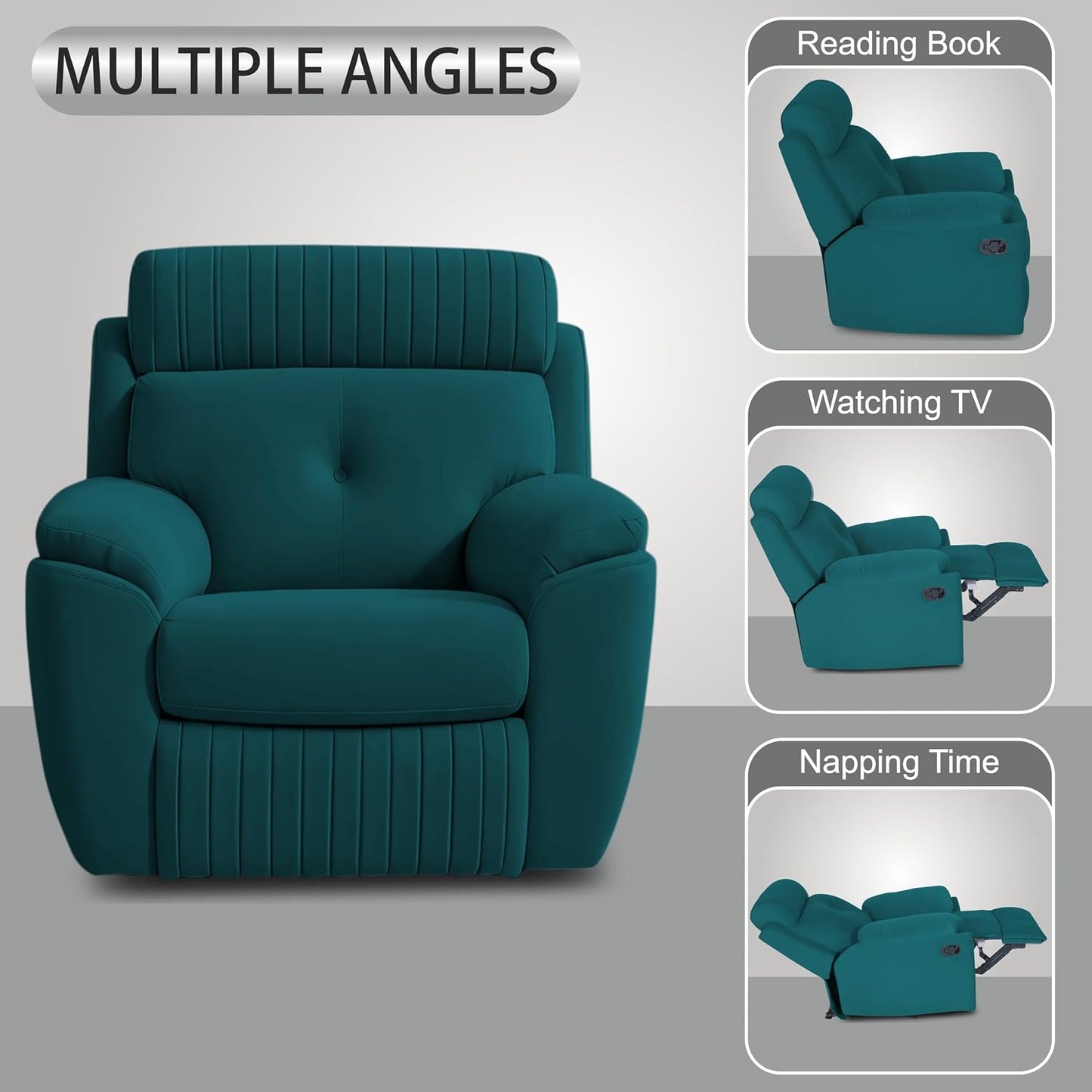Adorn India Premium Majestic 1 Seater Recliner Manual Sofa Chair | Ocean Blue Suede Velvet Fabric | Soft Padded Back Rest & Handrest | Living Room Recliner Chair | 3 Years Warranty
