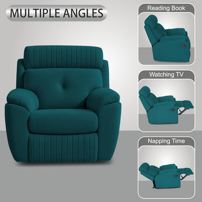 Adorn India Premium Majestic 1 Seater Recliner Manual Sofa Chair | Ocean Blue Suede Velvet Fabric | Soft Padded Back Rest & Handrest | Living Room Recliner Chair | 3 Years Warranty