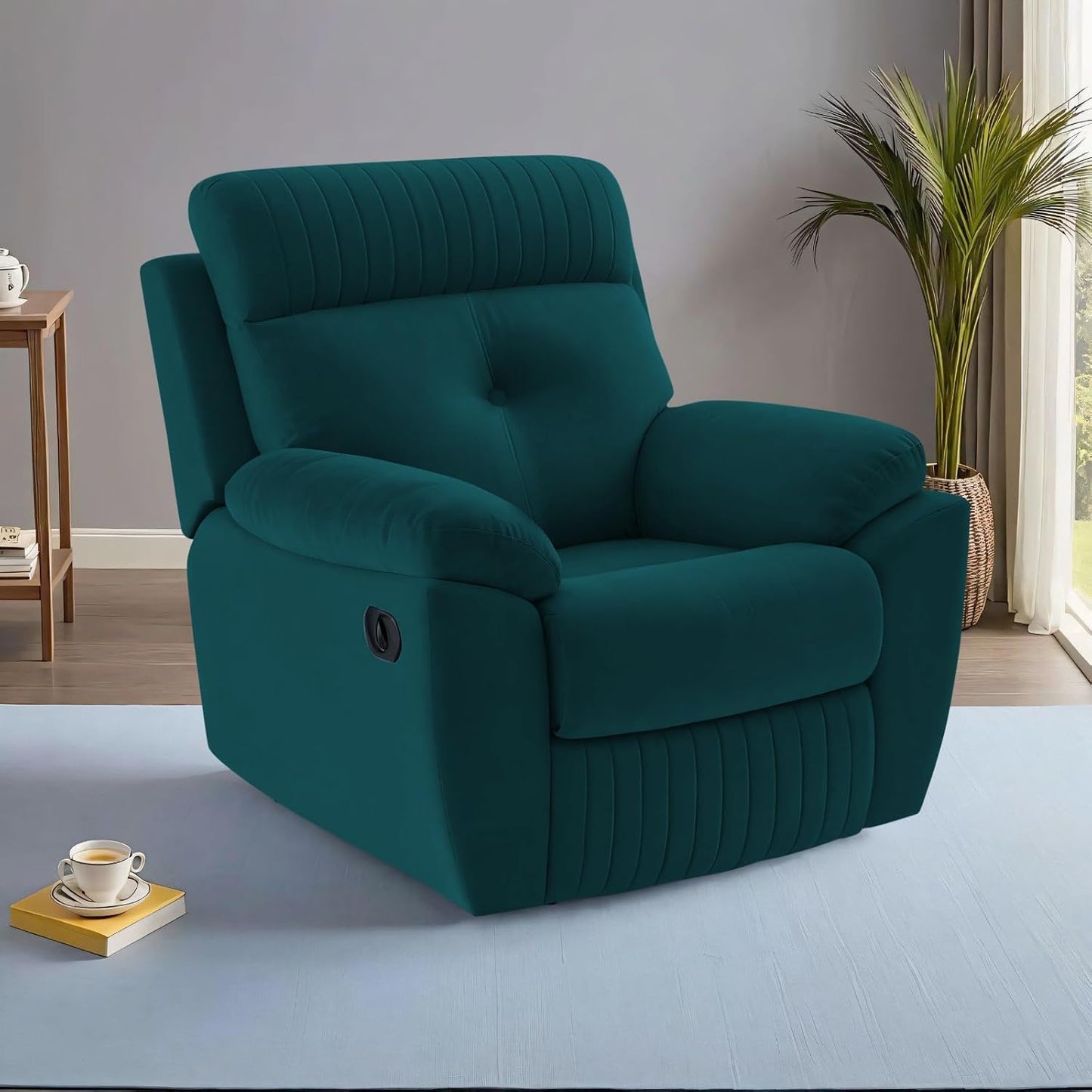 Adorn India Premium Majestic 1 Seater Recliner Manual Sofa Chair | Ocean Blue Suede Velvet Fabric | Soft Padded Back Rest & Handrest | Living Room Recliner Chair | 3 Years Warranty