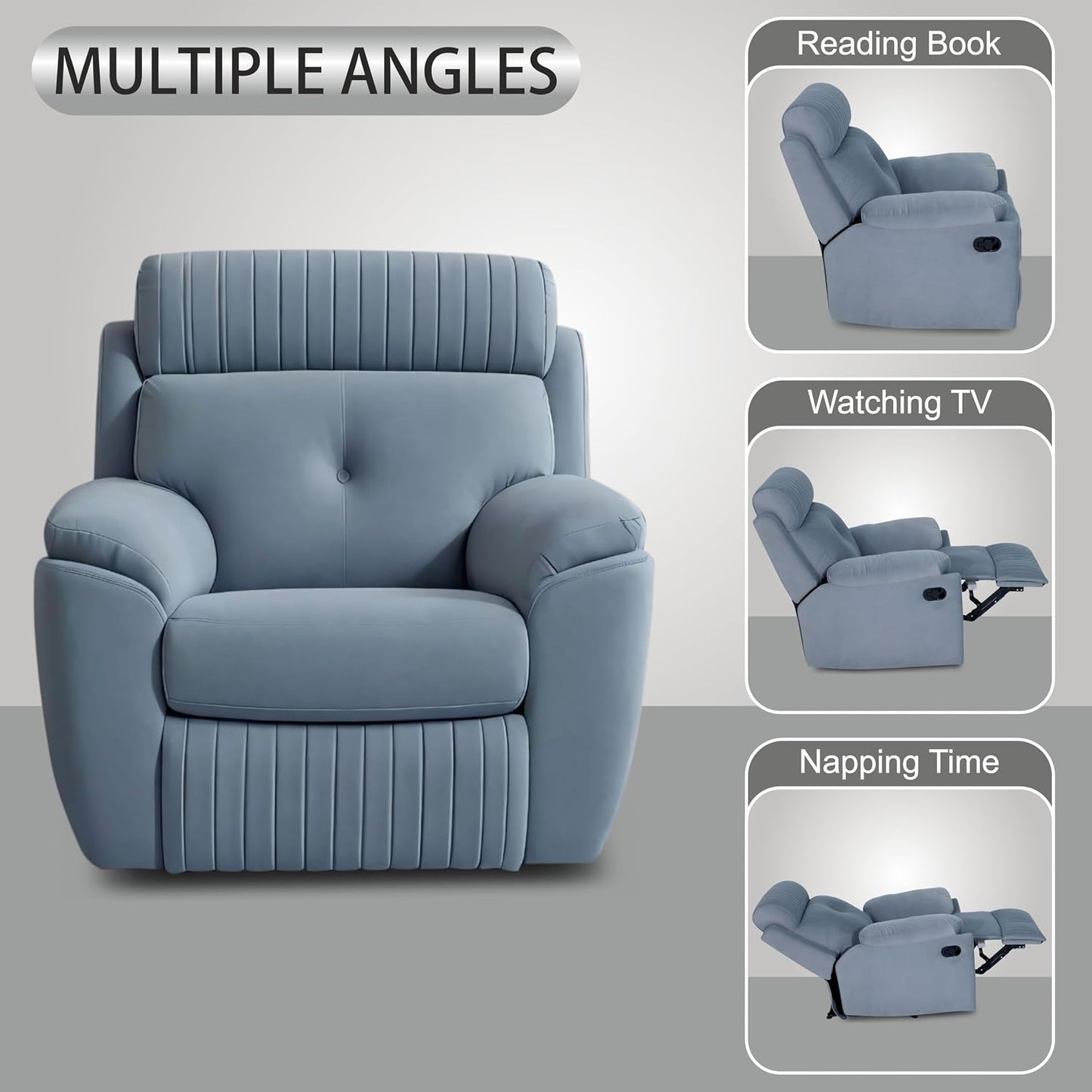 Adorn India Premium Majestic 1 Seater Recliner Manual Sofa Chair | Grey Suede Velvet Fabric | Soft Padded Back Rest & Handrest | Living Room Recliner Chair | 3 Years Warranty