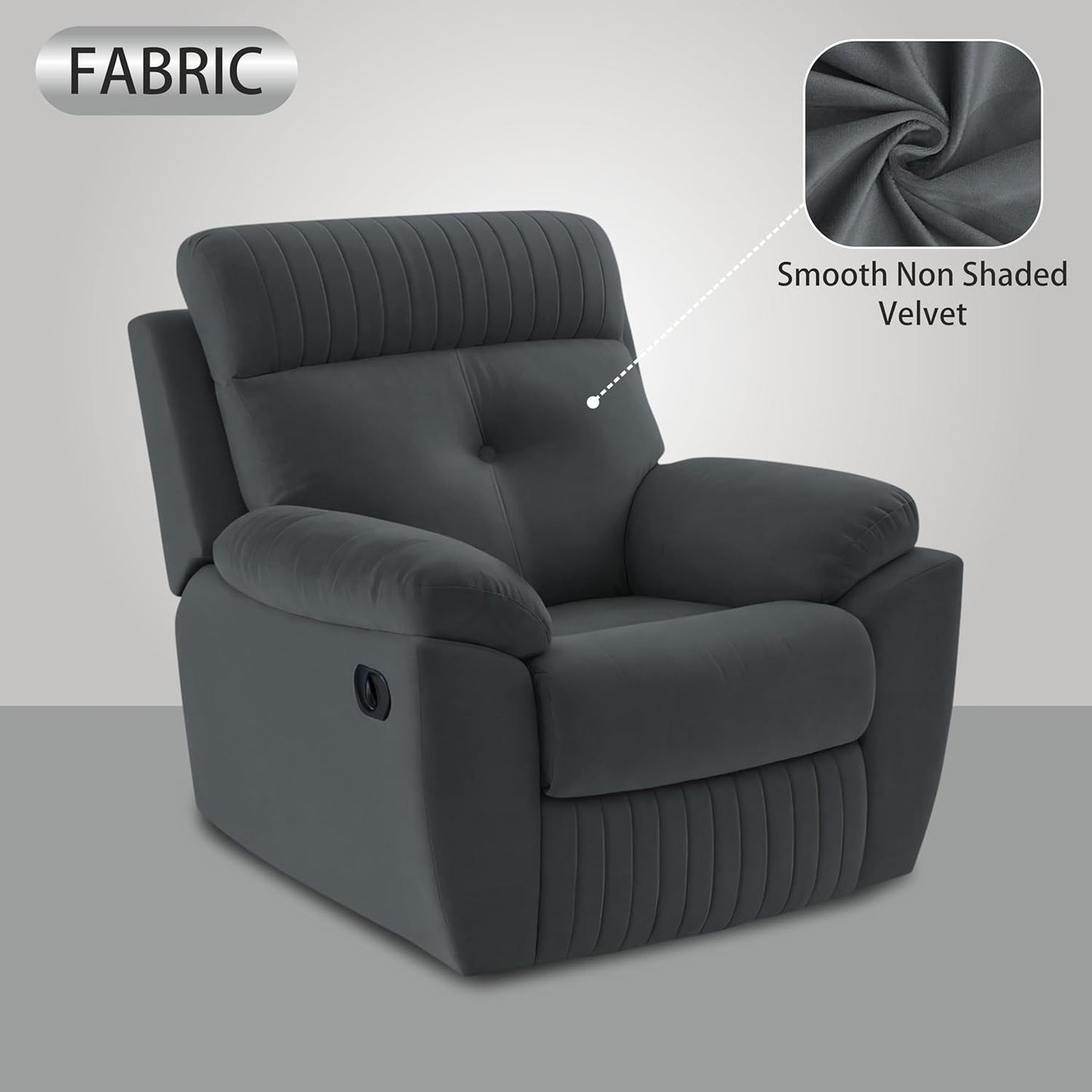 Adorn India Premium Majestic 1 Seater Recliner Manual Sofa Chair | Dark Grey Suede Velvet Fabric | Soft Padded Back Rest & Handrest | Living Room Recliner Chair | 3 Years Warranty