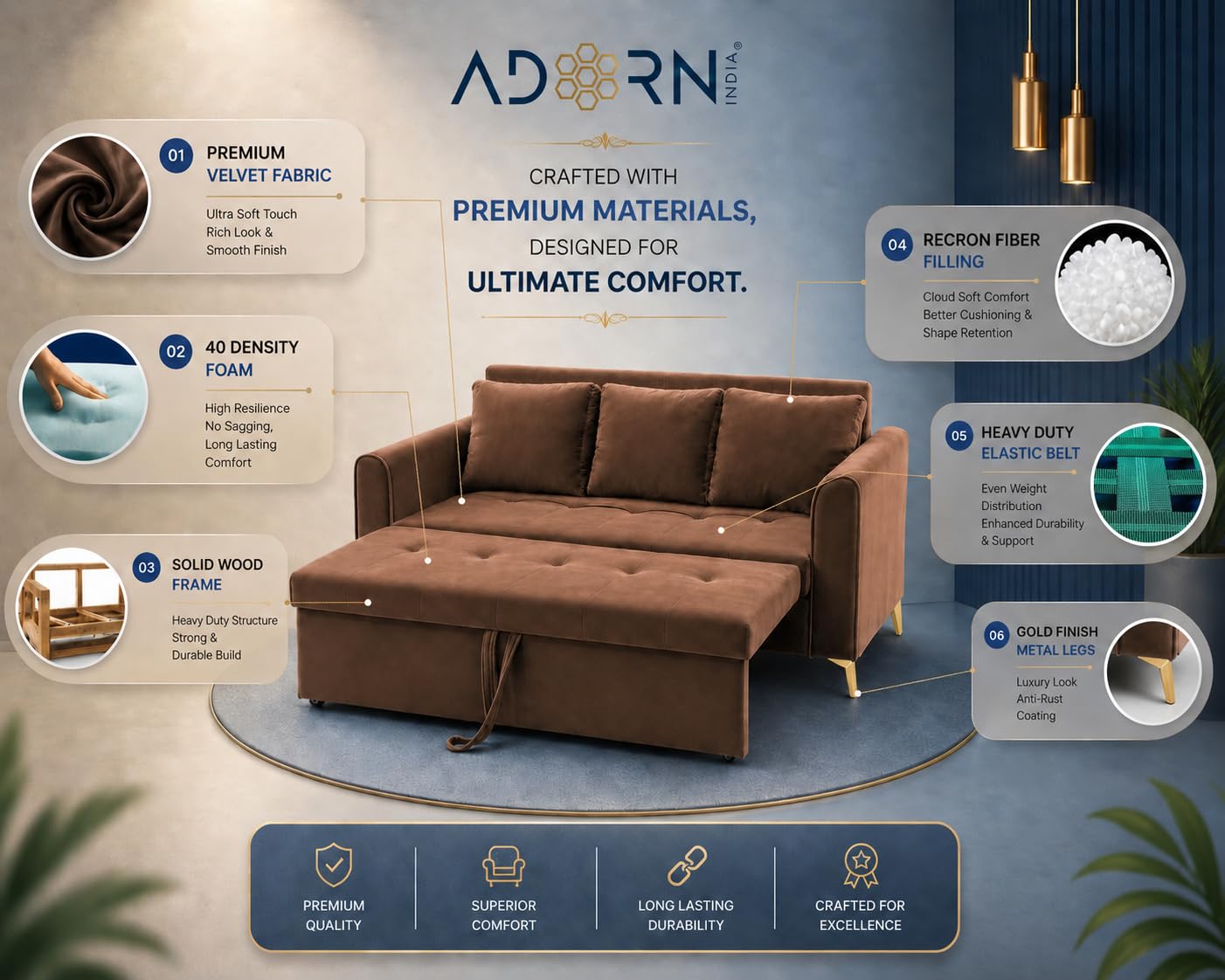 Adorn India Premium Mystic - 3 Years Warranty - 3 Seater Sofa Cum Bed Velvet Suede Fabric - Brown