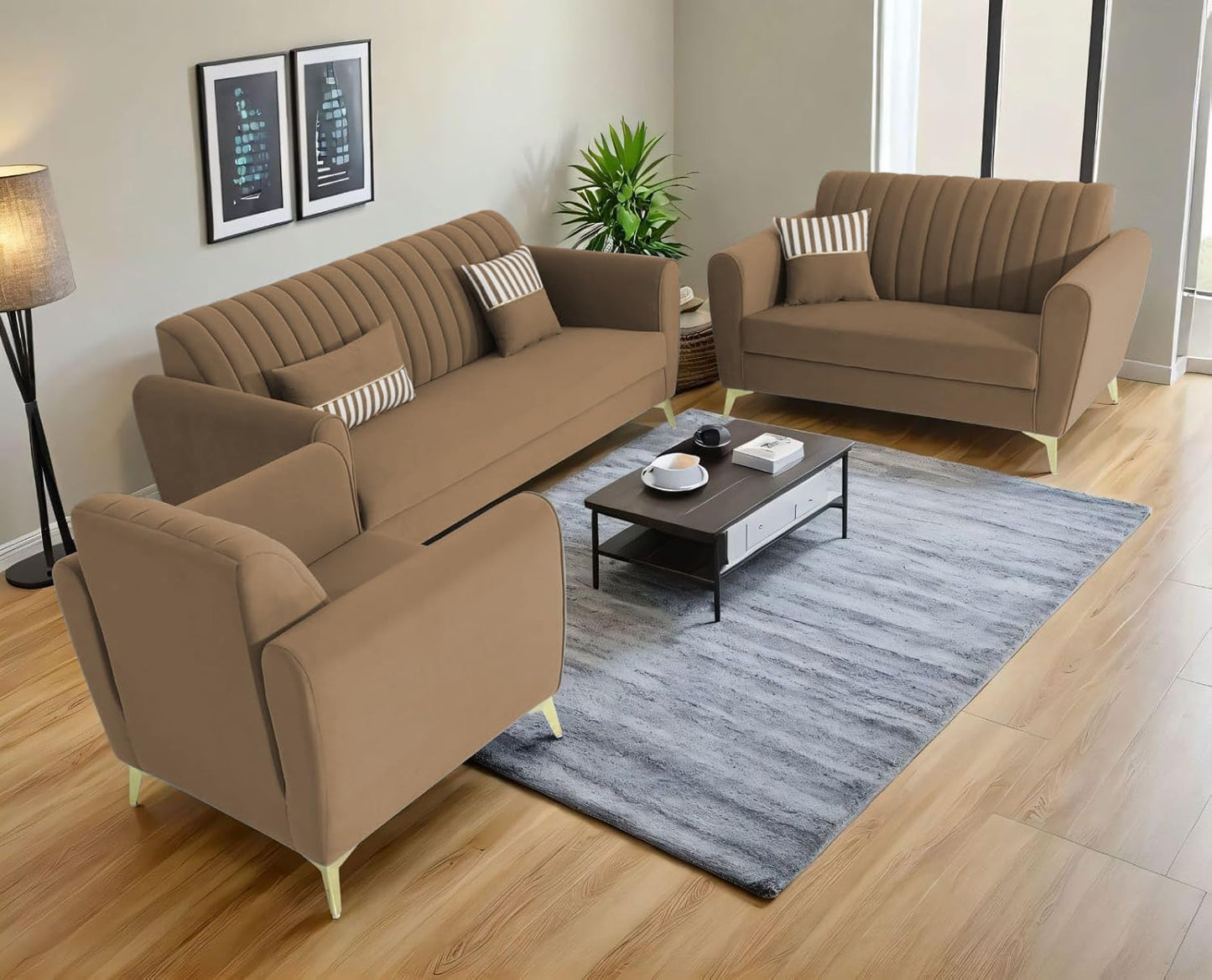 Adorn India Premium Luster 3-2-1 Sofa Set | Velvet Suede Fabric | 3-Year Warranty | Color Camel with Golden Legs & Striped Pattern Cushion