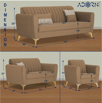 Adorn India Premium Luster 3-2-1 Sofa Set | Velvet Suede Fabric | 3-Year Warranty | Color Camel with Golden Legs & Striped Pattern Cushion