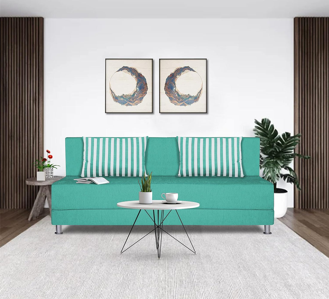 Adorn India Easy Alyn Plus Stripes 4 Seater Sofa Cum Bed (6X6) (Aqua Blue) (1 Year Warranty)