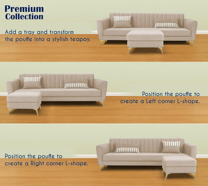 Adorn India Premium Luster 4 Seater L Shape Sofa Set | Velvet Suede Fabric | 3-Year Warranty | Color Cream with Golden Legs & Striped Pattern Cushion