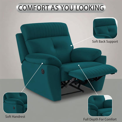 Adorn India Premium Majestic 1 Seater Recliner Manual Sofa Chair | Ocean Blue Suede Velvet Fabric | Soft Padded Back Rest & Handrest | Living Room Recliner Chair | 3 Years Warranty