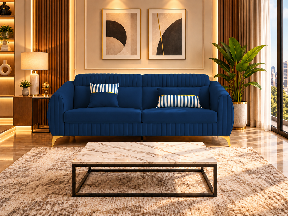 Premium Luster Plus 3 Seater Sofa | Velvet Suede Fabric | 3-Year Warranty | Color Blue with Golden Legs & Striped Pattern Cushion