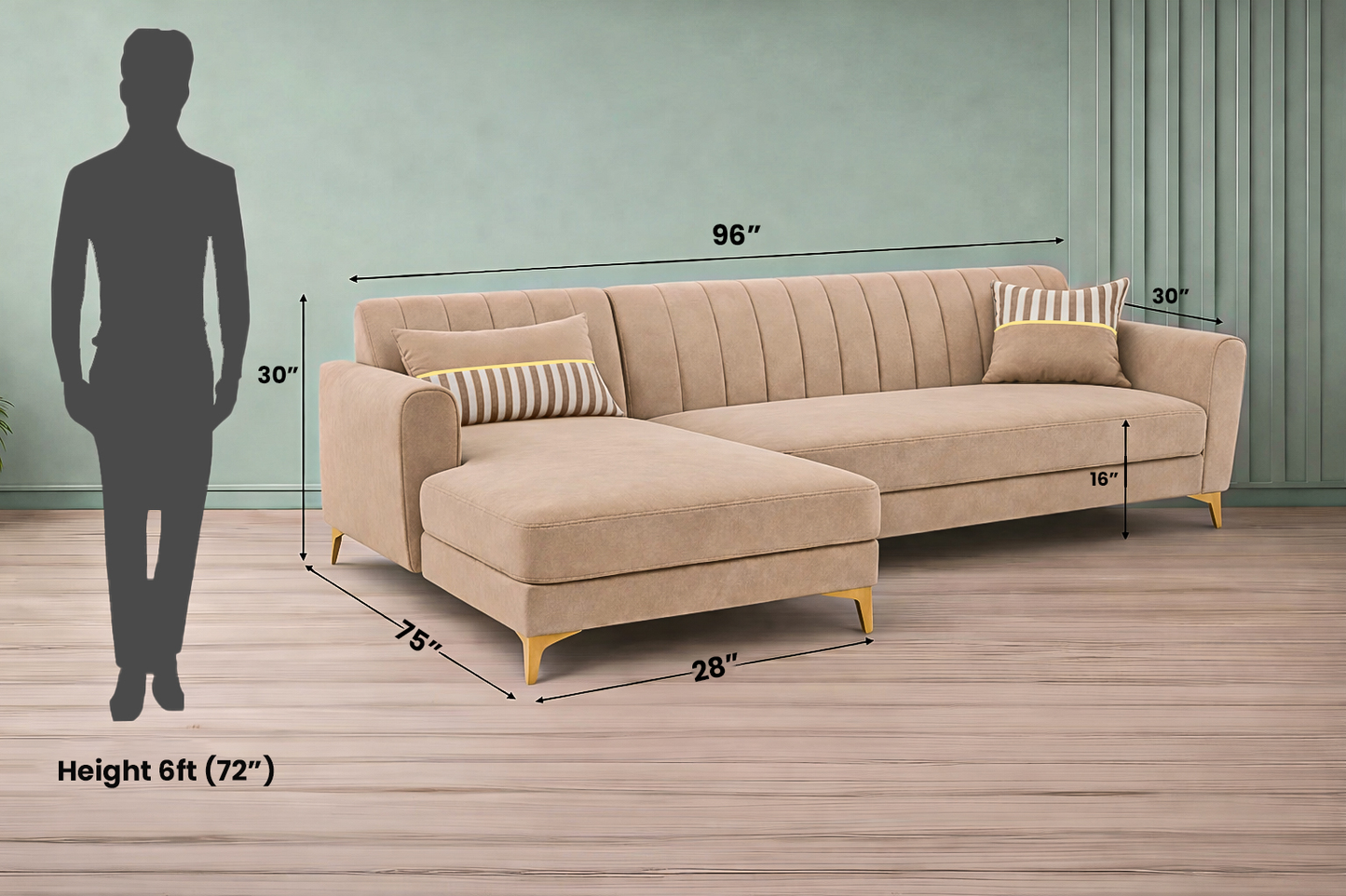 Adorn India Premium Luster 6 Seater L Shape Sofa Set | Velvet Suede Fabric | 3-Year Warranty | LHS |Color Beige with Golden Legs & Striped Pattern Cushion