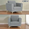 Adorn India Premium Luster 3+2+1 Sofa Set | Velvet Suede Fabric | 3-Year Warranty | Color Grey with Golden Legs & Striped Pattern Cushion
