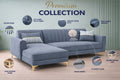 Adorn India Premium Luster 6 Seater L Shape Sofa Set | Velvet Suede Fabric | 3-Year Warranty | LHS |Color Grey with Golden Legs & Striped Pattern Cushion