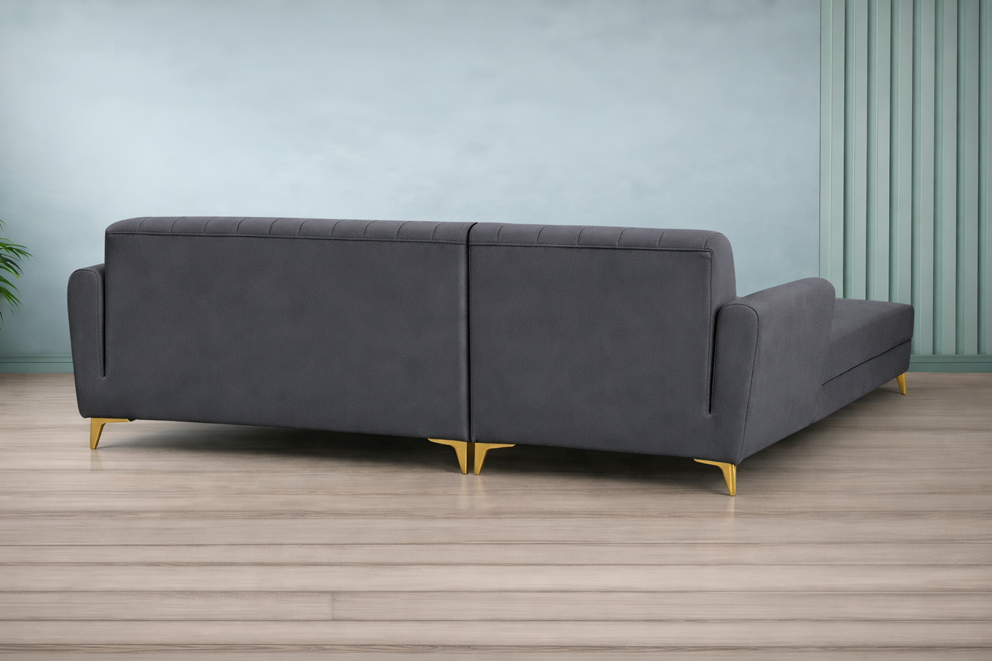 Adorn India Premium Luster 6 Seater L Shape Sofa Set | Velvet Suede Fabric | 3-Year Warranty | LHS |Color Dark Grey with Golden Legs & Striped Pattern Cushion
