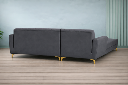 Adorn India Premium Luster 6 Seater L Shape Sofa Set | Velvet Suede Fabric | 3-Year Warranty | LHS |Color Dark Grey with Golden Legs & Striped Pattern Cushion