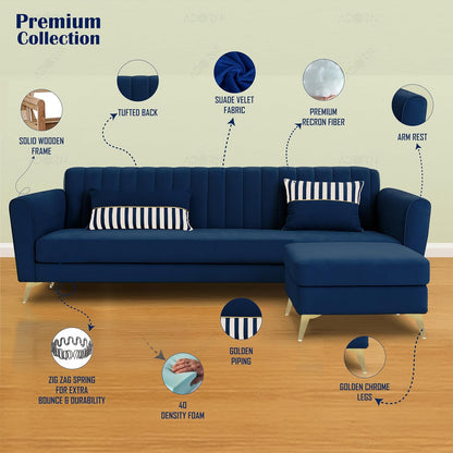 Adorn India Premium Luster 4 Seater L Shape Sofa Set | Velvet Suede Fabric | 3-Year Warranty | Color Blue with Golden Legs & Striped Pattern Cushion