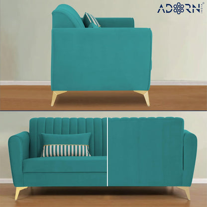 Adorn India Premium Luster 3-1-1 Sofa Set | Velvet Suede Fabric | 3-Year Warranty | Color Aqua Blue with Golden Legs & Striped Pattern Cushion