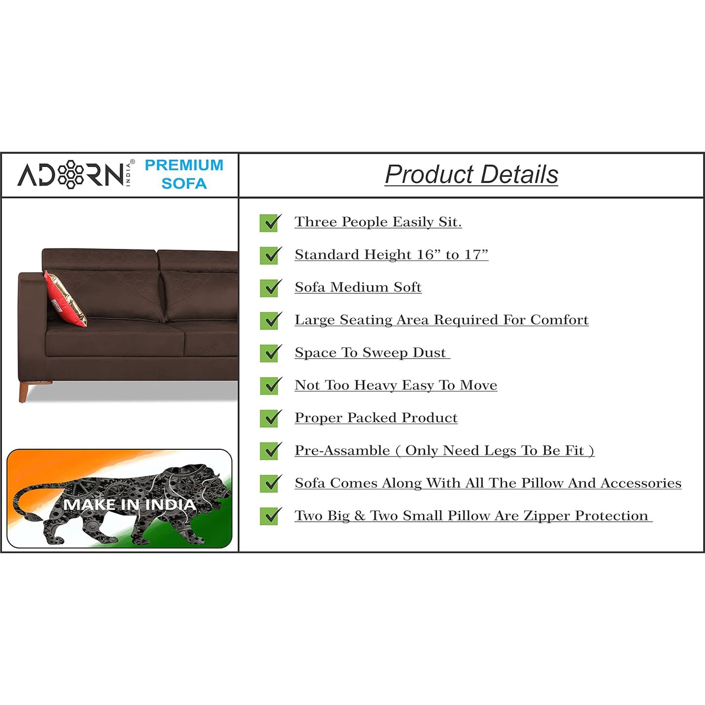 Adorn India Premium Pluto 3 Seater Sofa (Brown)