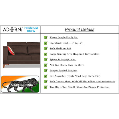 Adorn India Premium Pluto 3 Seater Sofa (Brown)