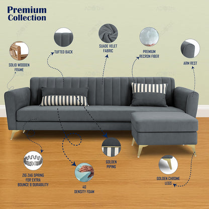 Adorn India Premium Luster 4 Seater L Shape Sofa Set | Velvet Suede Fabric | 3-Year Warranty | Color Dark Grey with Golden Legs & Striped Pattern Cushion