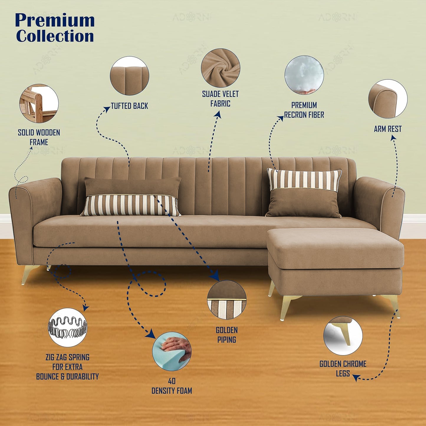 Adorn India Premium Luster 4 Seater L Shape Sofa Set | Velvet Suede Fabric | 3-Year Warranty | Color camel with Golden Legs & Striped Pattern Cushion