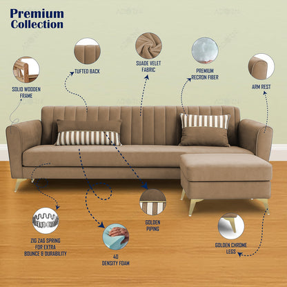 Adorn India Premium Luster 4 Seater L Shape Sofa Set | Velvet Suede Fabric | 3-Year Warranty | Color camel with Golden Legs & Striped Pattern Cushion