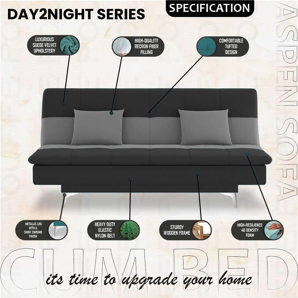 Adorn India Premium New Aspen 3 Seater Sofa Cum Bed 4X6 Velvet Suede with 2 Cushions (Color Dark Grey & Grey) and Suitable for All Indoor, with 3 Years Warranty