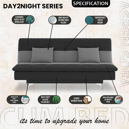 Adorn India Premium New Aspen 3 Seater Sofa Cum Bed 4X6 Velvet Suede with 2 Cushions (Color Dark Grey & Grey) and Suitable for All Indoor, with 3 Years Warranty