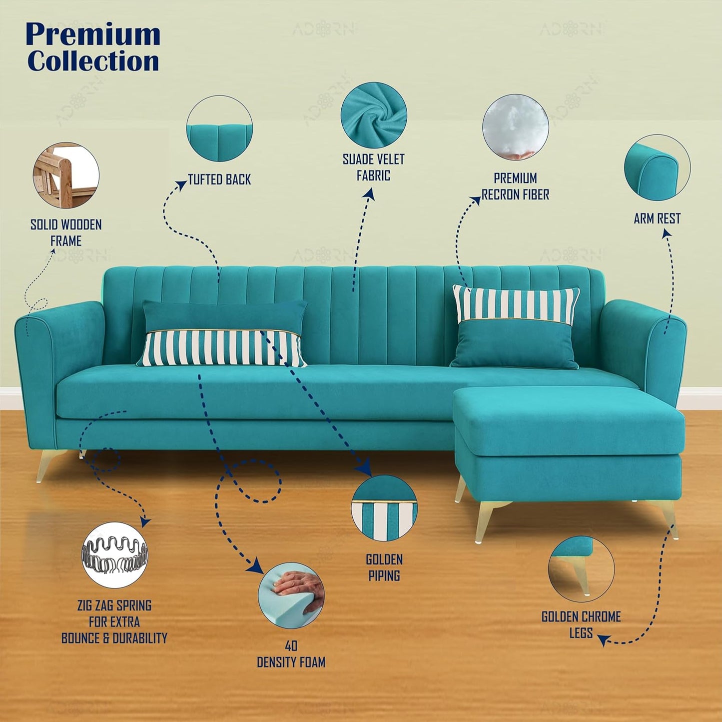 Adorn India Premium Luster 4 Seater L Shape Sofa Set | Velvet Suede Fabric | 3-Year Warranty | Color Aqua Blue with Golden Legs & Striped Pattern Cushion