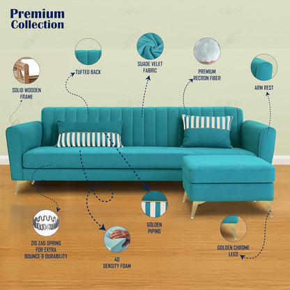 Adorn India Premium Luster 4 Seater L Shape Sofa Set | Velvet Suede Fabric | 3-Year Warranty | Color Aqua Blue with Golden Legs & Striped Pattern Cushion
