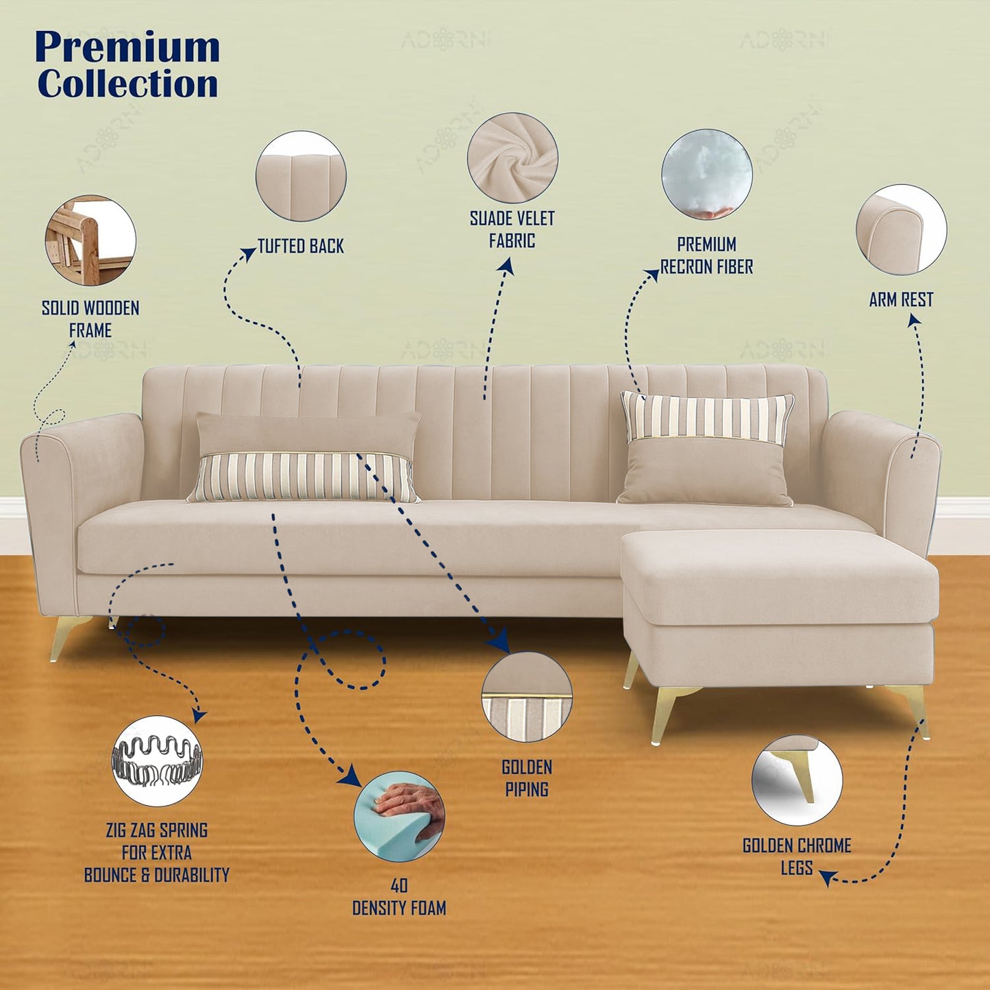 Adorn India Premium Luster 4 Seater L Shape Sofa Set | Velvet Suede Fabric | 3-Year Warranty | Color Cream with Golden Legs & Striped Pattern Cushion