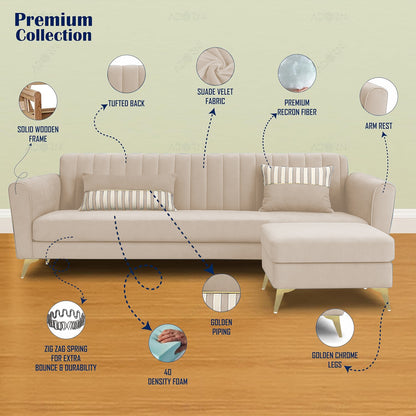 Adorn India Premium Luster 4 Seater L Shape Sofa Set | Velvet Suede Fabric | 3-Year Warranty | Color Cream with Golden Legs & Striped Pattern Cushion