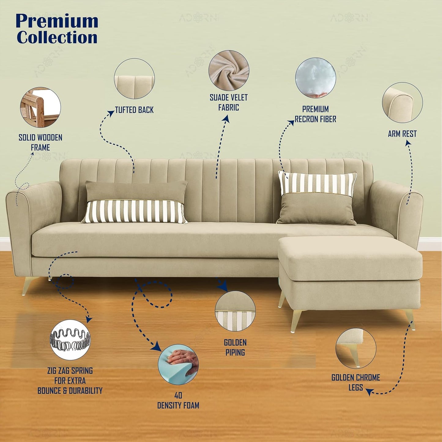 Adorn India Premium Luster 4 Seater L Shape Sofa Set | Velvet Suede Fabric | 3-Year Warranty | Color Beige with Golden Legs & Striped Pattern Cushion