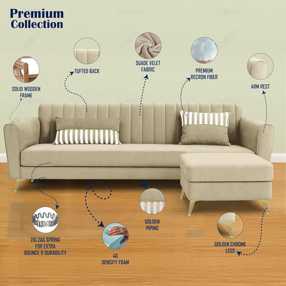 Adorn India Premium Luster 4 Seater L Shape Sofa Set | Velvet Suede Fabric | 3-Year Warranty | Color Beige with Golden Legs & Striped Pattern Cushion