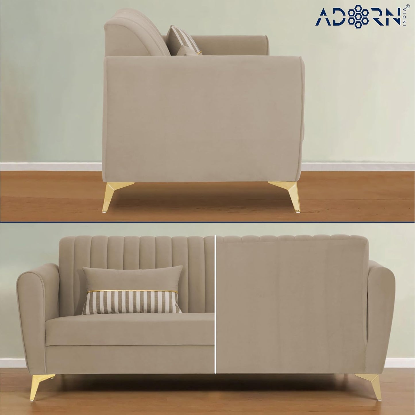 Adorn India Premium Luster 3+1+1 Sofa Set | Velvet Suede Fabric | 3-Year Warranty | Color Beige with Golden Legs & Striped Pattern Cushion