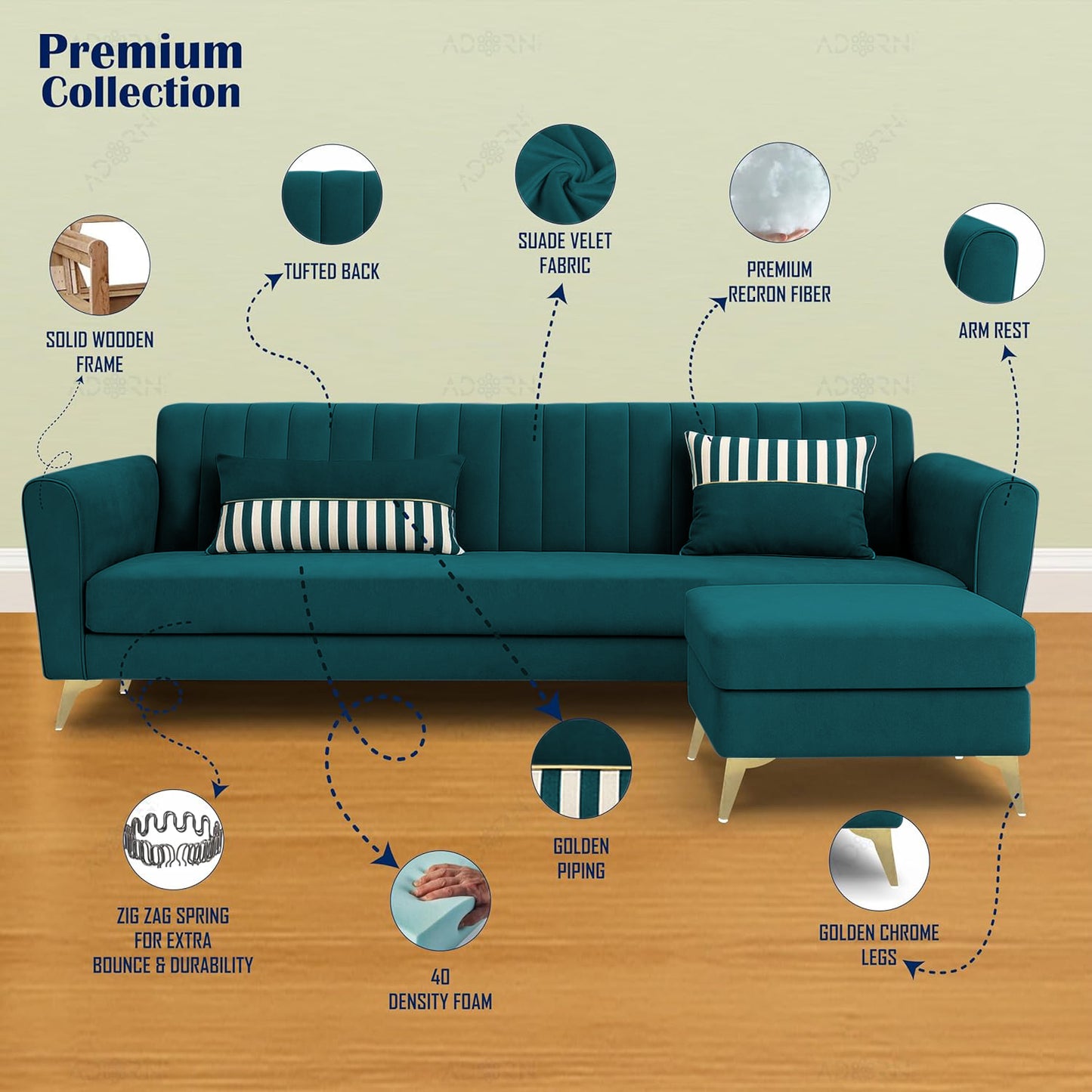 Adorn India Premium Luster 4 Seater L Shape Sofa Set | Velvet Suede Fabric | 3-Year Warranty | Color ocean Blue with Golden Legs & Striped Pattern Cushion