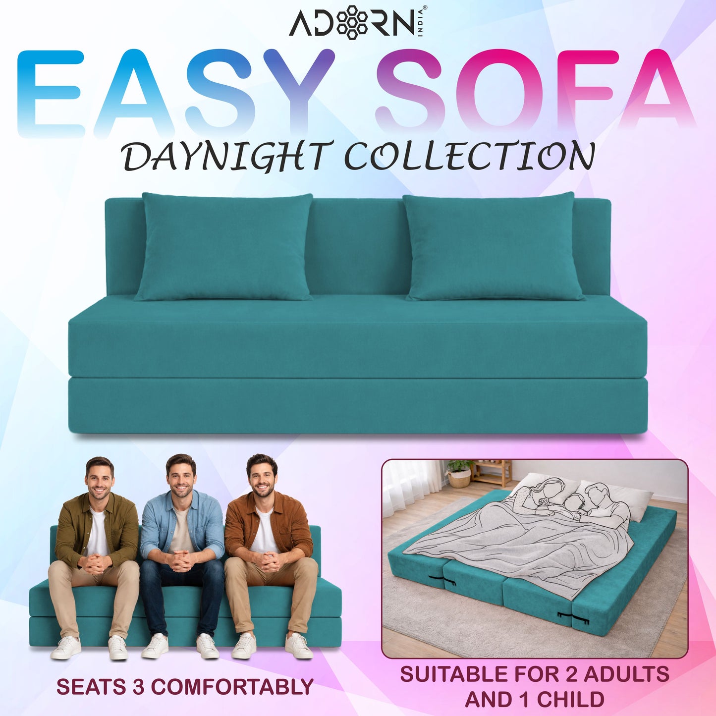 Adorn India Easy 3 Seater Sofa Cum Bed | Velvet Fabric | Aqua Blue | Plain Design | 6x5 Ft | Comfortable Seating | Washable Cover | Perfect for Home & Office