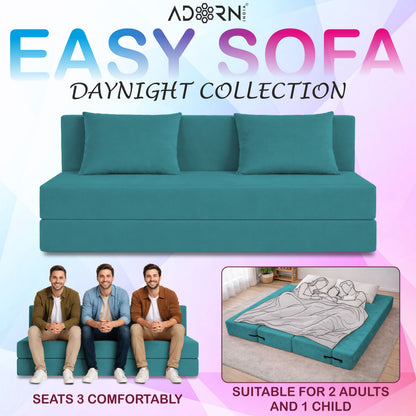 Adorn India Easy 3 Seater Sofa Cum Bed | Velvet Fabric | Aqua Blue | Plain Design | 6x5 Ft | Comfortable Seating | Washable Cover | Perfect for Home & Office
