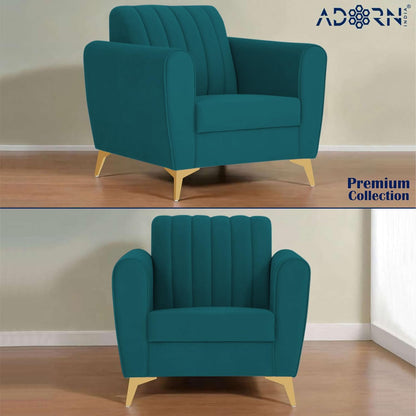 Adorn India Premium Luster 3-2-1 Sofa Set | Velvet Suede Fabric | 3-Year Warranty | Color Ocean Blue with Golden Legs & Striped Pattern Cushion
