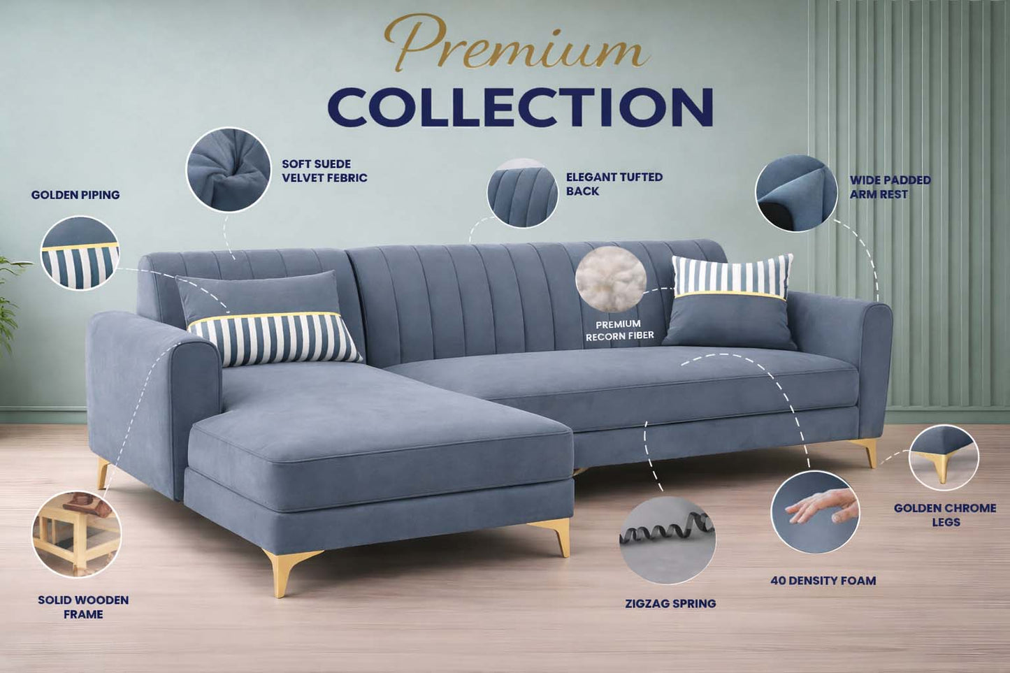 Adorn India Premium Luster 6 Seater L Shape Sofa Set | Velvet Suede Fabric | 3-Year Warranty | LHS |Color Grey with Golden Legs & Striped Pattern Cushion