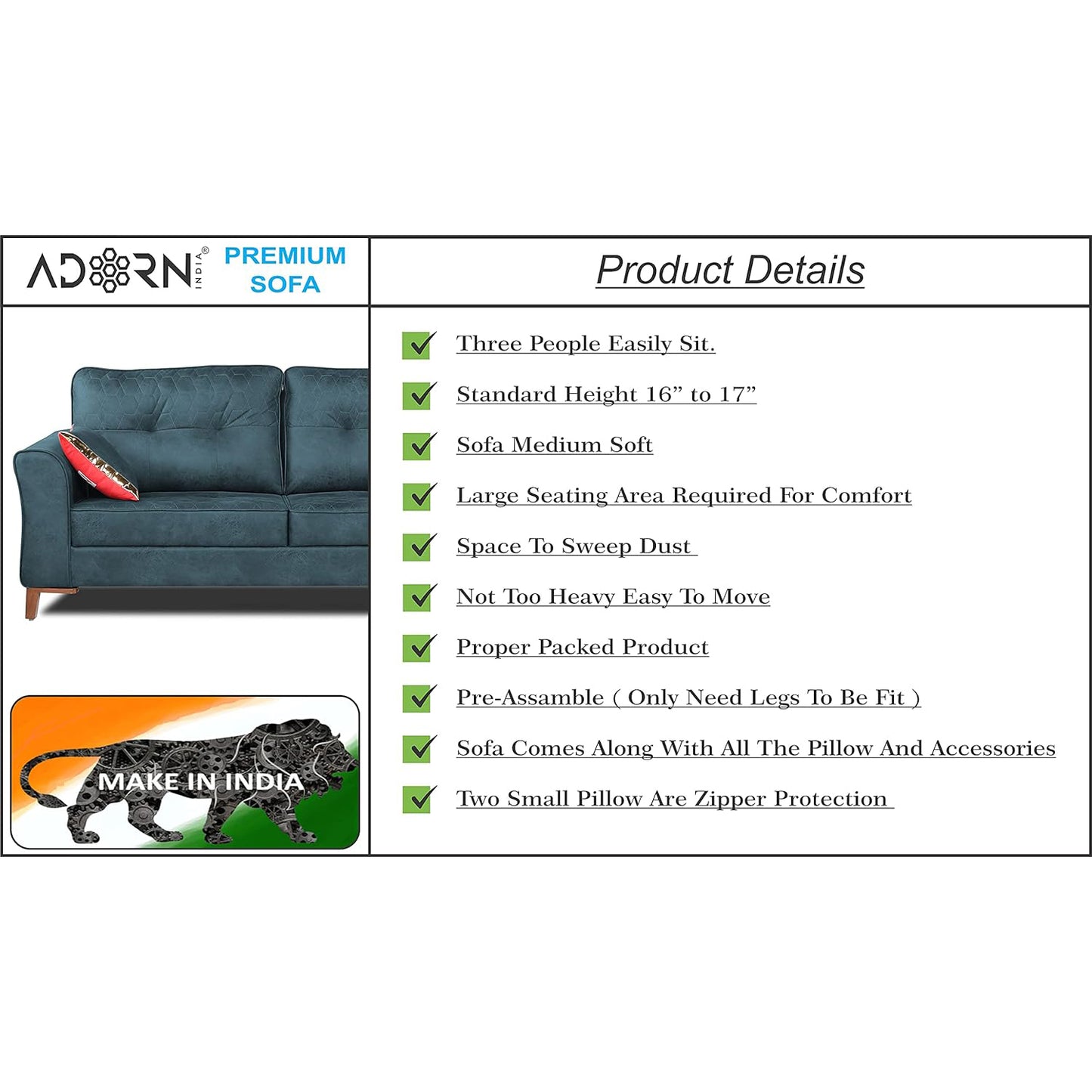 Adorn India Premium Aslaug 3 Seater Sofa (Leatherette Suede Fabric Colour Blue)