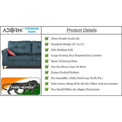 Adorn India Premium Aslaug 3 Seater Sofa (Leatherette Suede Fabric Colour Blue)