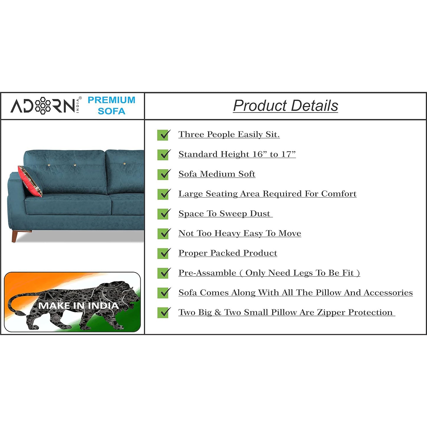 Adorn India Premium Phoenix 3+2 Five Seater Sofa Set (Leatherette Suede Fabric Colour Blue)