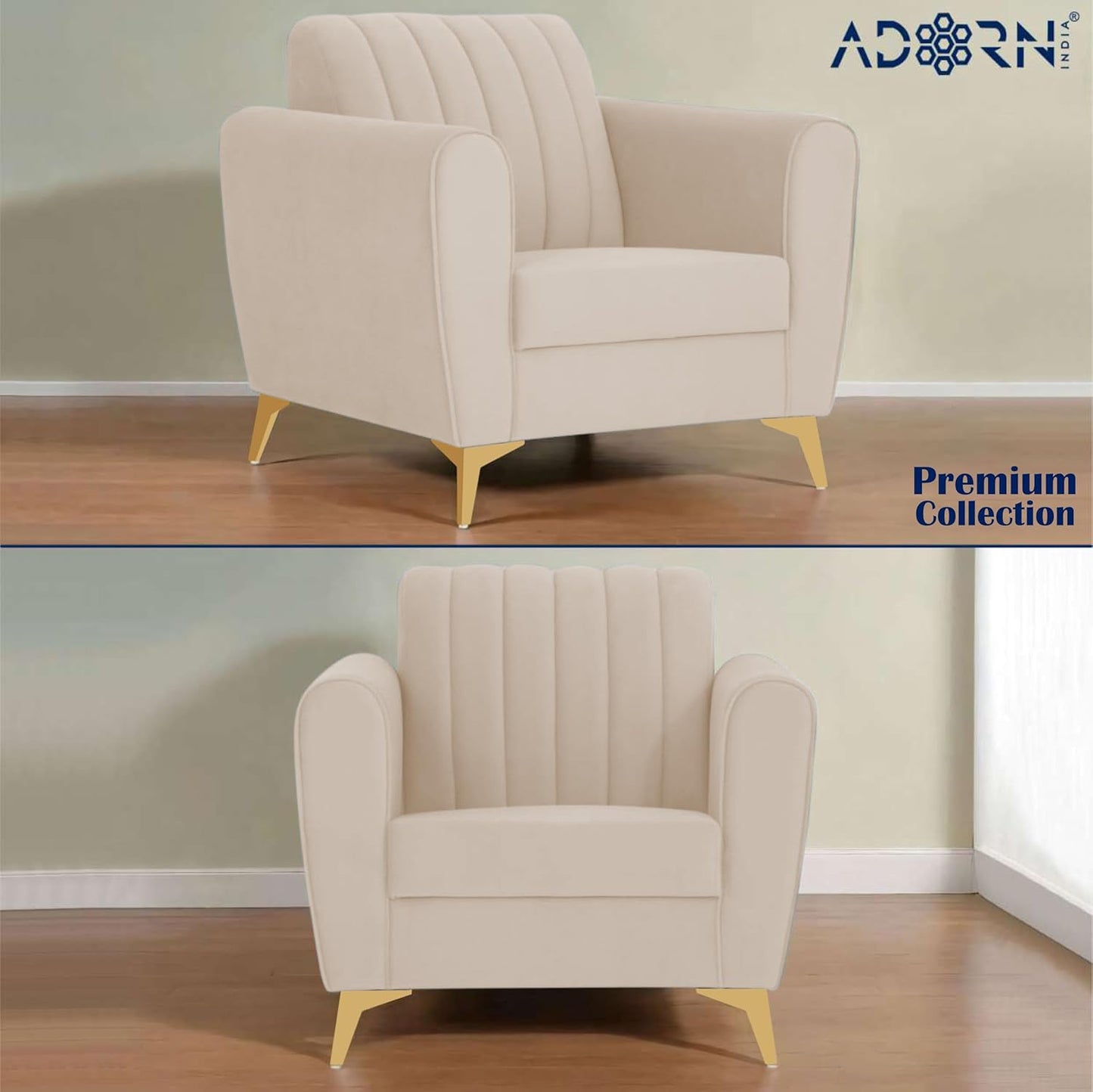 Adorn India Premium Luster 3-2-1 Sofa Set | Velvet Suede Fabric | 3-Year Warranty | Color Cream with Golden Legs & Striped Pattern Cushion