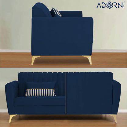 Adorn India Premium Luster 3-1-1 Sofa Set | Velvet Suede Fabric | 3-Year Warranty | Color Blue with Golden Legs & Striped Pattern Cushion