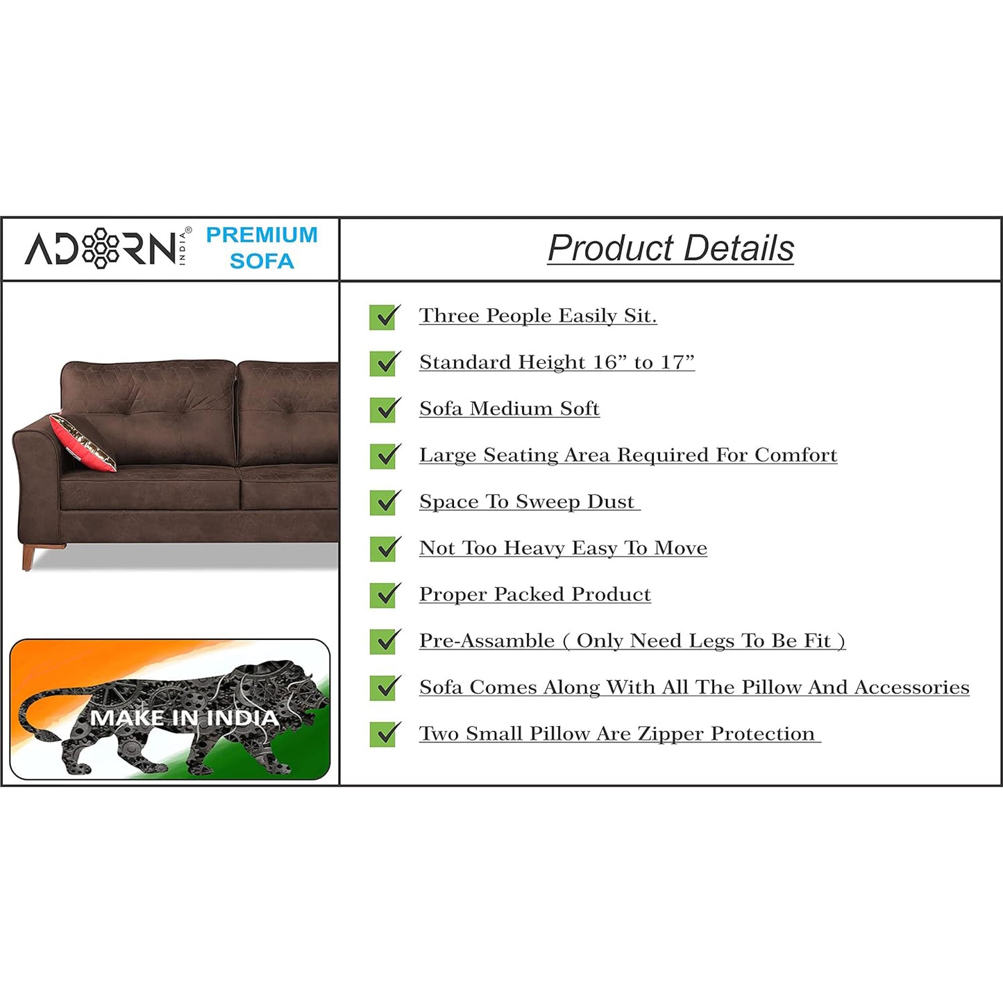 Adorn India Premium Aslaug 3 Seater Sofa (Leatherette Suede Fabric Colour Brown)