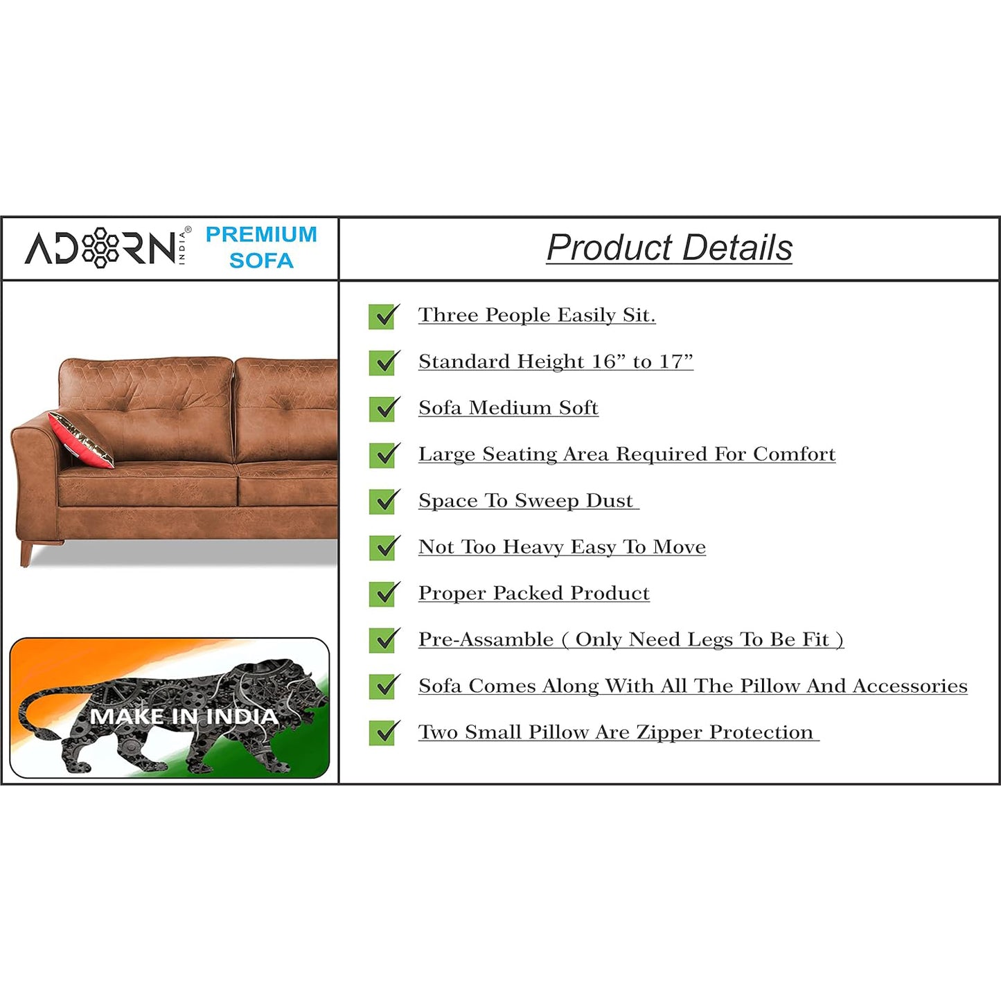 Adorn India Premium Aslaug 3 Seater Sofa (Leatherette Suede Fabric Colour Tan)