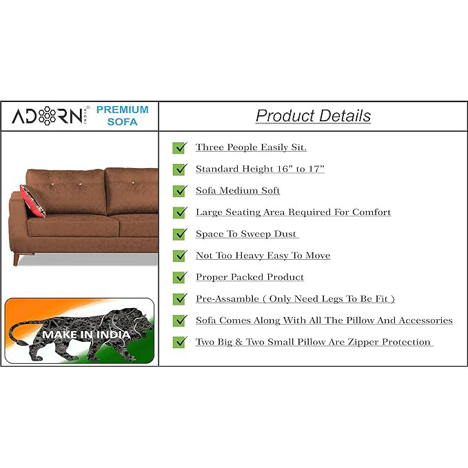 Adorn India Premium Phoenix 3 Seater Sofa (Leatherette Suede Fabric Colour Tan)