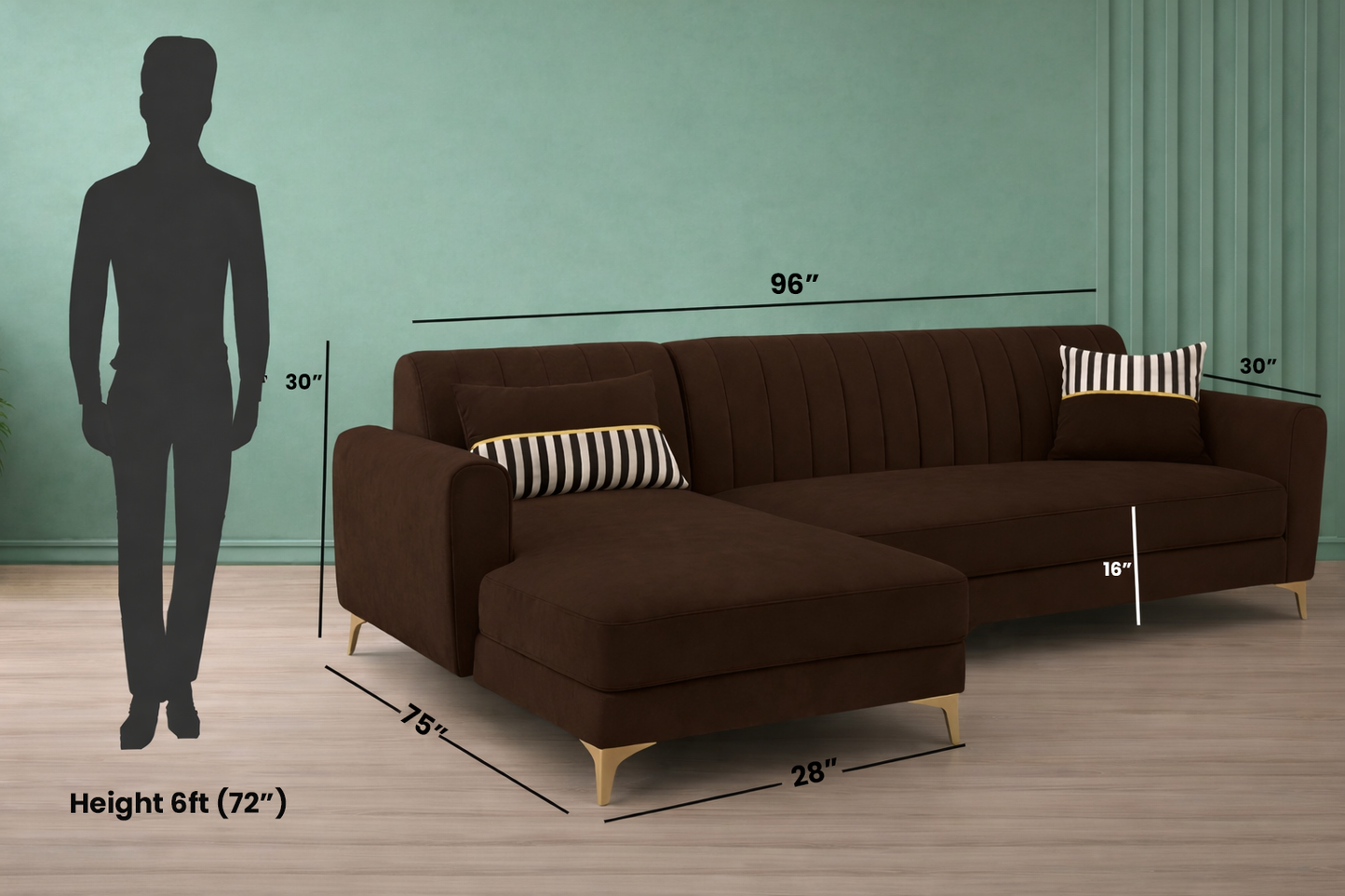 Adorn India Premium Luster 6 Seater L Shape Sofa Set | Velvet Suede Fabric | 3-Year Warranty | LHS |Color Brown with Golden Legs & Striped Pattern Cushion