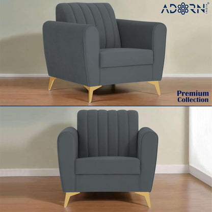 Adorn India Premium Luster 3+2+1 Sofa Set | Velvet Suede Fabric | 3-Year Warranty | Color Dark Grey with Golden Legs & Striped Pattern Cushion