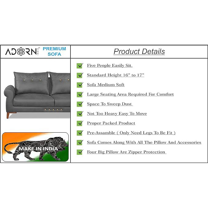Adorn India Premium Jarvis 3+2 Five Seater Sofa Set (Leatherette Suede Fabric Colour Grey)