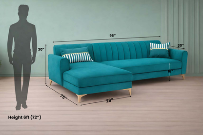Adorn India Premium Luster 6 Seater L Shape Sofa Set | Velvet Suede Fabric | 3-Year Warranty | LHS |Color Aqua Blue with Golden Legs & Striped Pattern Cushion